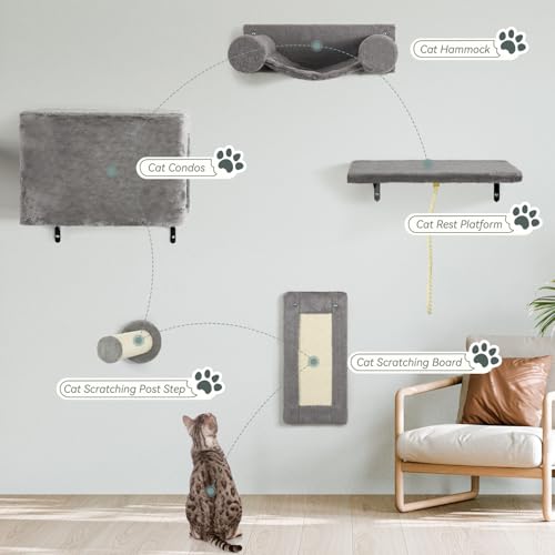 NUNU LAB 5-in-1 Wall-Mounted Cat Climber Set, Cats Wall Shelve, Wall-Mounted Cat Climbing Shelves, with House, Bridge, Steps, Scratcher, Hammock, Shelves (A-KM060)