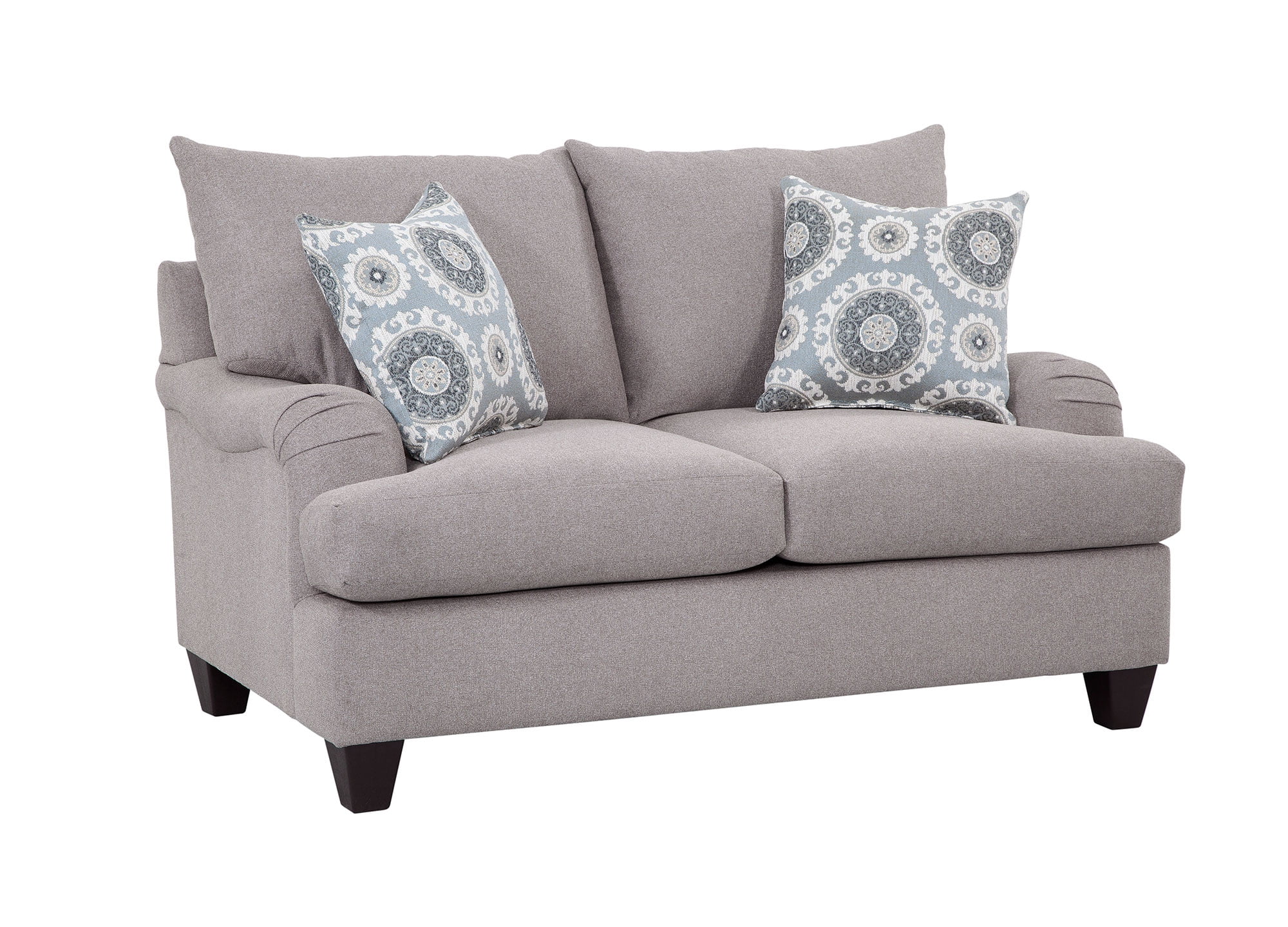 American Furniture Classics Model 8-020-A242V3 Transitional Series Soft Gray Rolled Arm Loveseat with 2 Accent Pillows