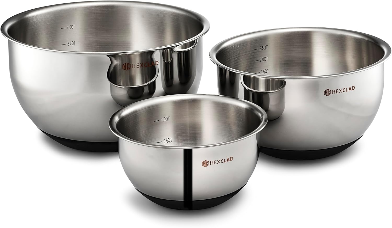HexClad Stainless Steel Mixing Bowl Set, 3-Piece with Vacuum Seal Lids and Non-Slip Base, 1.3,3 and 5 Quarts