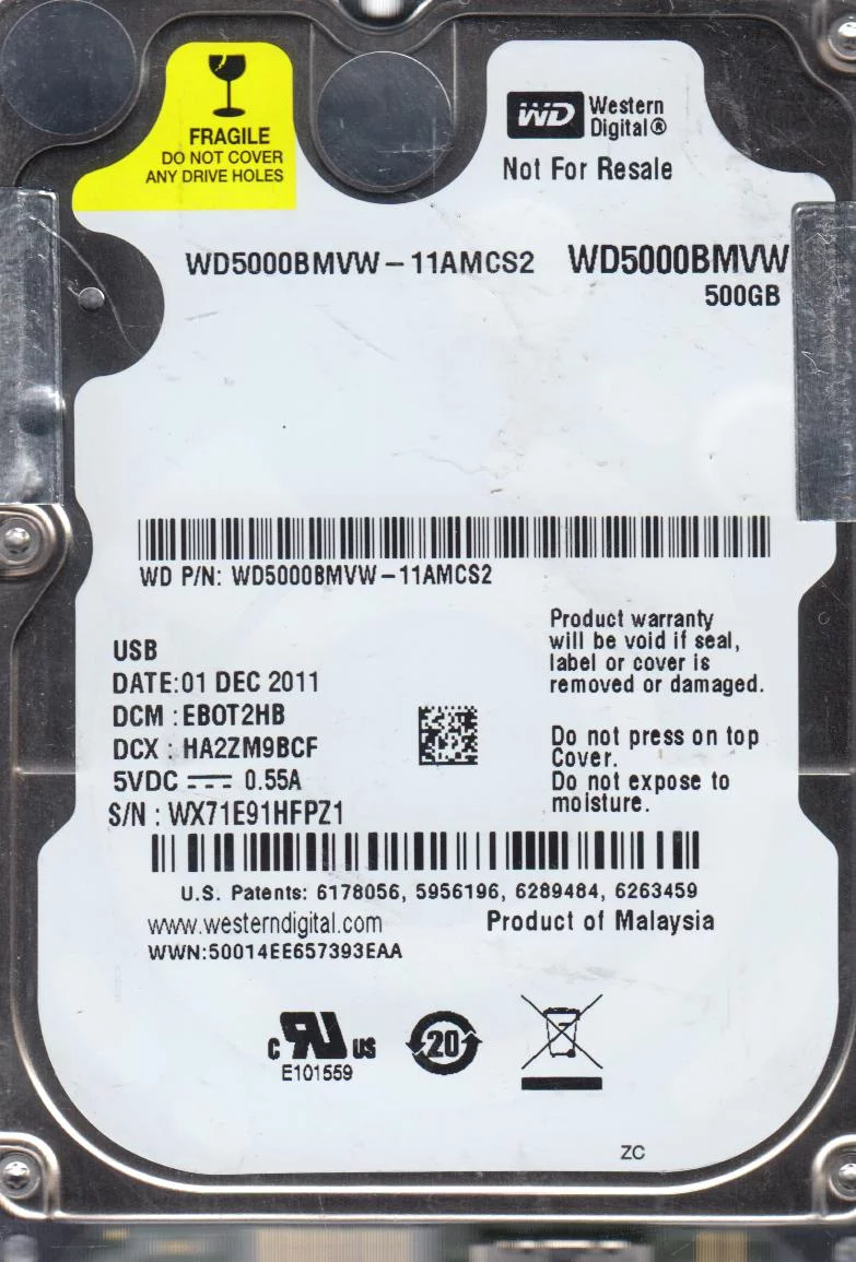 WD5000BMVW-11AMCS2, DCM EBOT2HB, Western Digital 500GB USB 2.5 Hard Drive