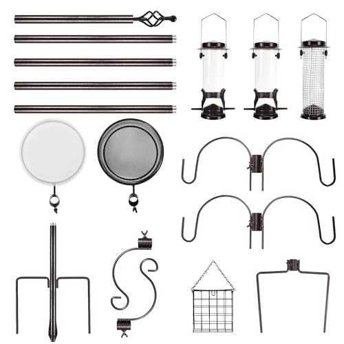 6-Hook Bird Feeding Station Kit, Wild Bird Feeder Stand Pole, Multi-Feeder Kit Stand with 4 Feeders, Bird Bath and Mesh Tray, 94 Inch