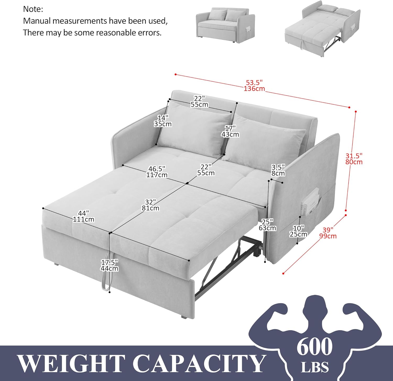 53.5in 3 in 1 Multi-Function Chenille Fabric Double Sofa Bed Post-Modern Minimalist with Pull-Out Bed with Adjustable Backrest/Lumbar Pillow/Side Pockets Storage, Bluish Grey, SFC848003