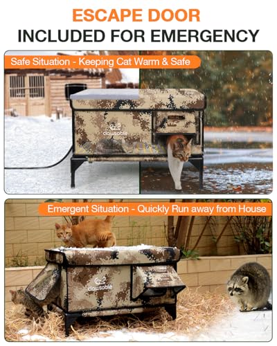 Indestructible Heated Cat House for Outside Winter, 100% Waterproof, Safe Escape Door, Insulated Outdoor Cat Shelter with Heater for Feral Barn Cat Kitty (Forest Green, 26