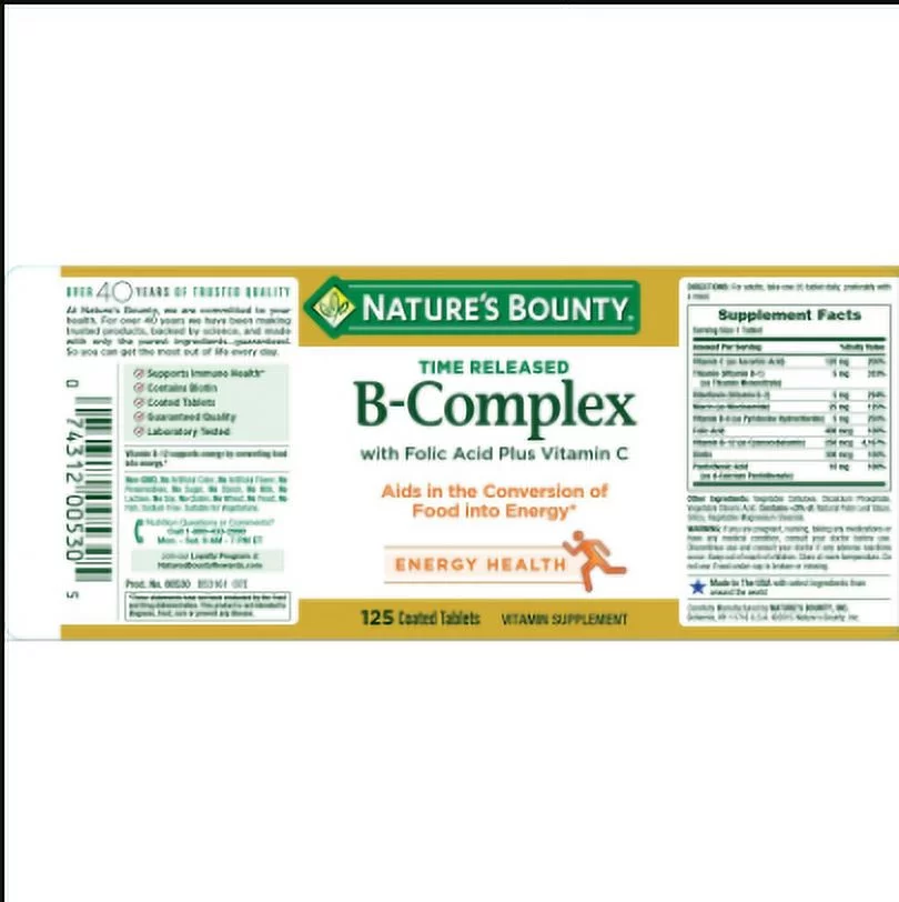 Nature's Bounty B-Complex With Folic Acid Plus Vitamin C Tablets 125 ea (Pack of 2)