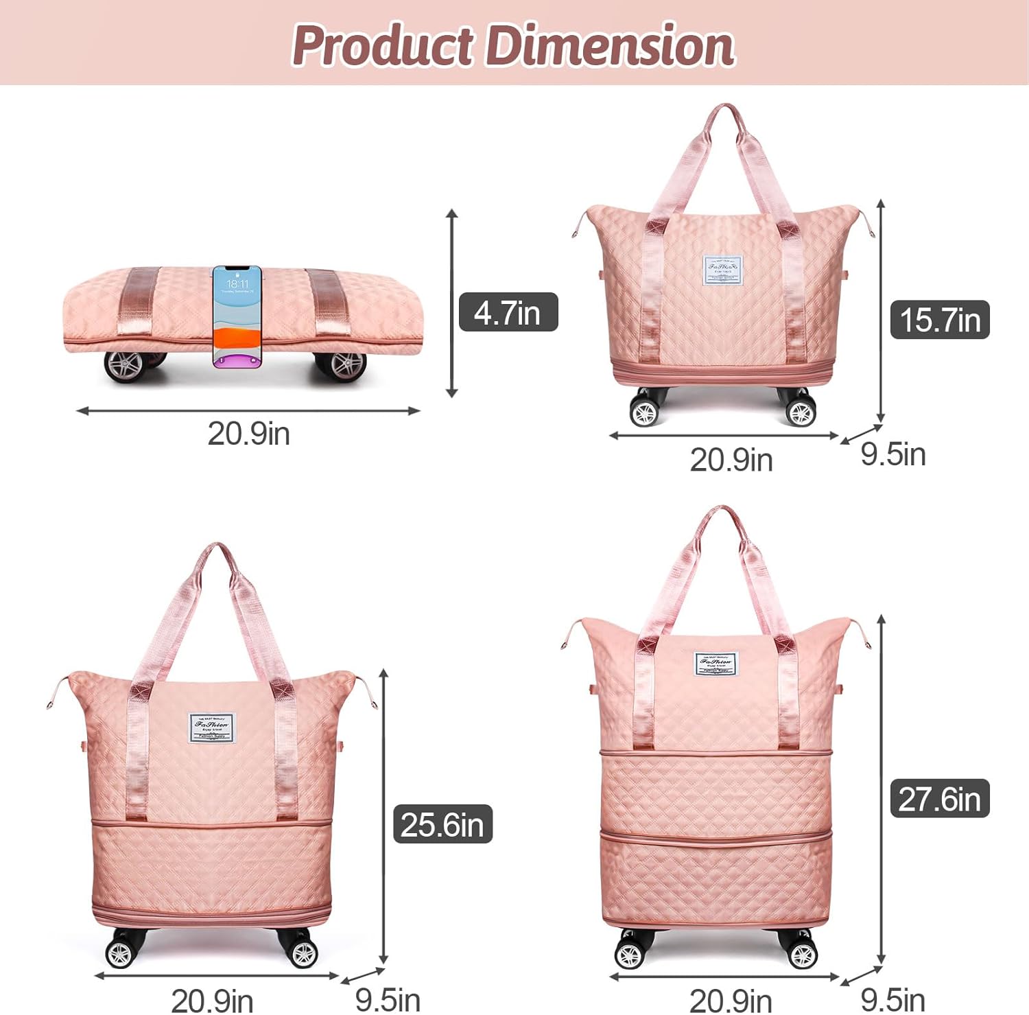Rolling Duffle Bag with Wheels and Handle, Expandable Travel Duffel Bag Luggage Bag, Foldable Travel Bag with Wheels Rolling Carry on Duffle Bag, Large Wheeled Duffle Bag Luggage, Pink