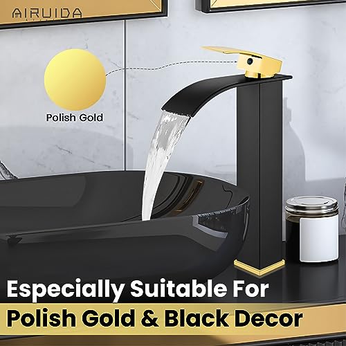 Airuida Brushed Gold Tall Waterfall Bathroom Vessel Sink Faucet Modern Bathroom Vanity Faucet Single Handle Single Hole Farmhouse Bar Mixer Tap Washbasin Faucet Deck Mount