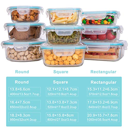 Glass Food Storage Containers with Lids, [18 Piece] Meal Prep Containers for Food Storage , BPA Free & Leak Proof (9 Lids & 9 Containers)