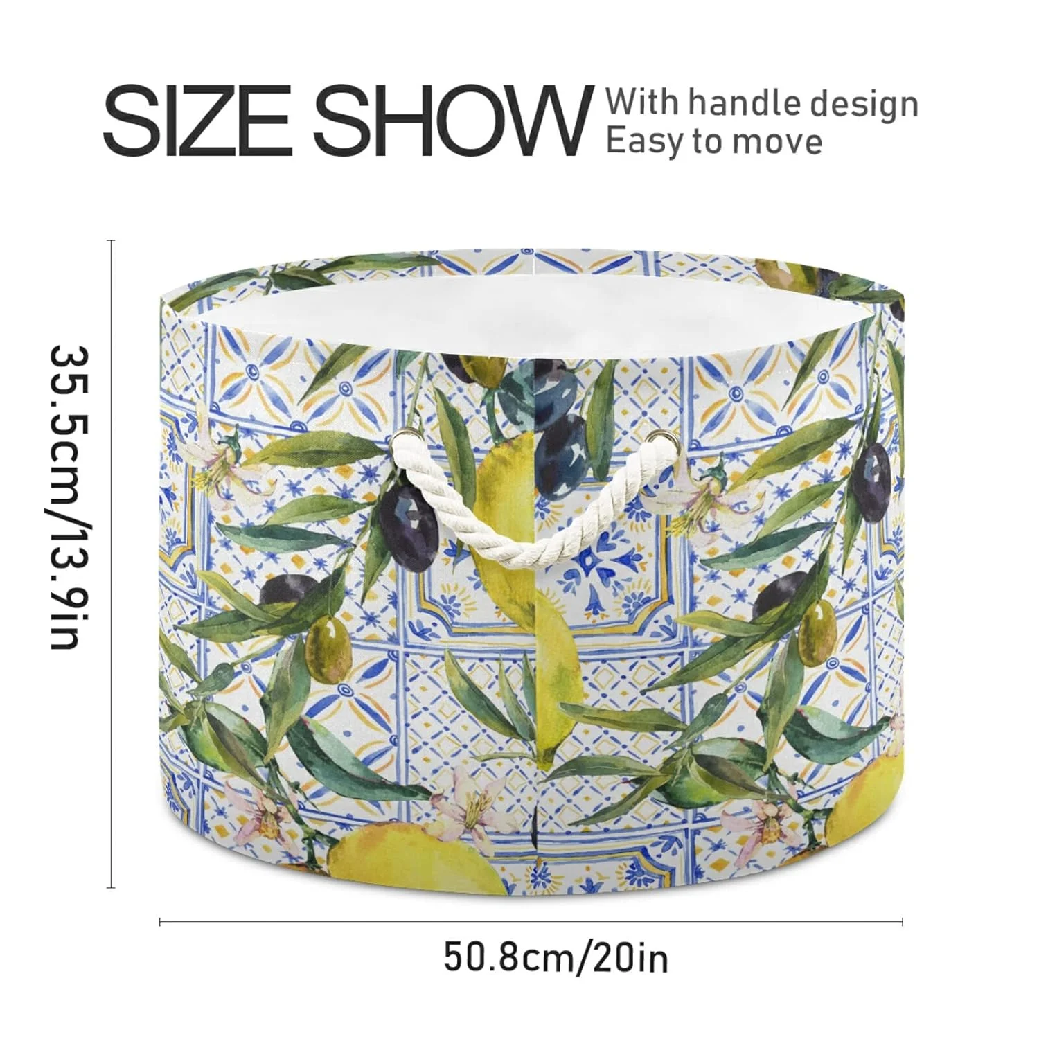 Wellsay Watercolor Lemon Olive Branches Ornament Storage Basket Gift Baskets Large Collapsible Laundry Hamper with Handle, 20x20x14 in