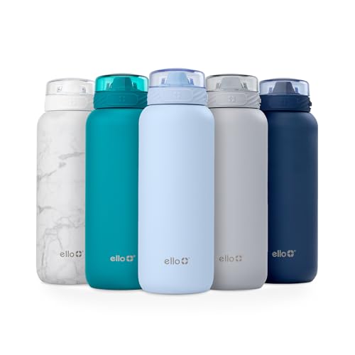 Ello Cooper 32oz Stainless Steel Water Bottle with Straw and Carry Handle, Double Walled and Vacuum Insulated Metal, Leak Proof Locking Lid with Soft Silicone Spout, Reusable, BPA Free, Yucca