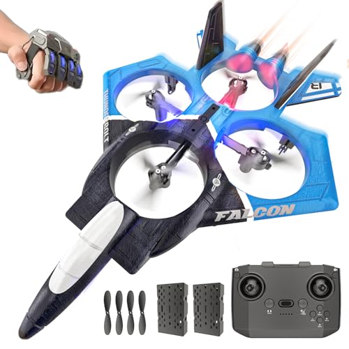 BEZGAR RC Airplane, 2.4GHZ 6-axis Gyro Remote Control Airplane, Gesture Control RC Helicopter, 360° Flip Fighter Jet Toy, Toys for Ages 8-13 with Colorful LED Navigation Lights Blue
