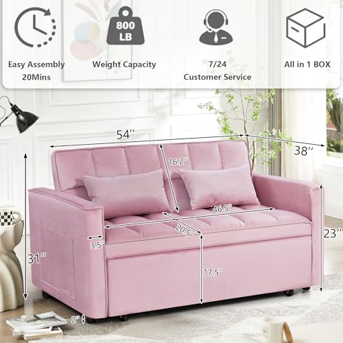 3 in 1 Convertible Sleeper Sofa Bed,Futon Loveseat Couch with Pull-Out Bed & Adjustable Backrest,Velvet Fabric Sofa with Side Pocket for Small Apartment, Living Room, Office (Black)