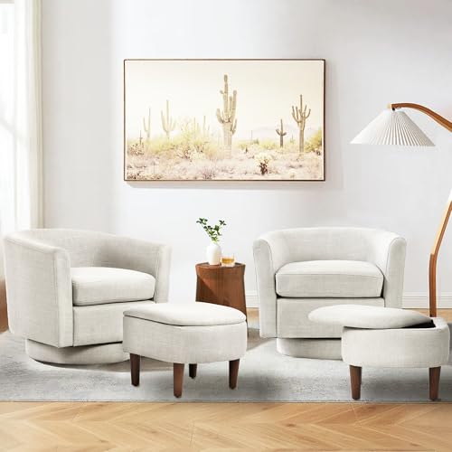 COLAMY Upholstered Swivel Barrel Accent Chair with Ottoman, Modern Single Sofa Lounge Armchair Club Chair with Storage Space for Living Room Bedroom Office, Beige