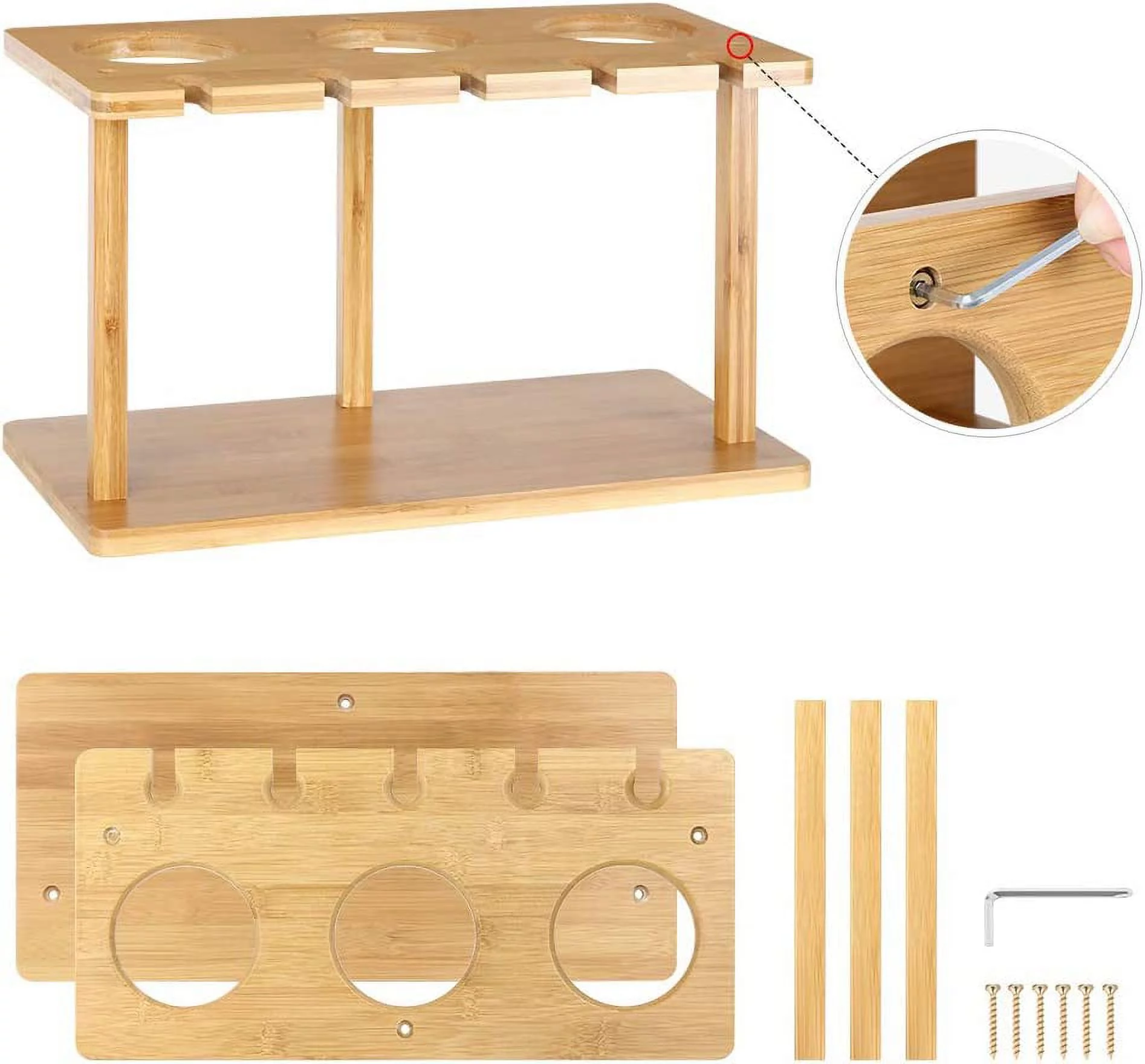 Countertop Bamboo Wine Holder Rack, Holds 3 Bottles & 3 Glasses