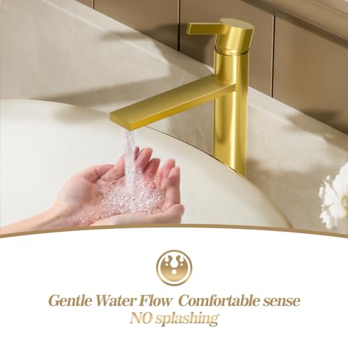 Phiestina Brushed Gold One Hole High Bathroom Vessel Sink Faucet, Single Hole Single Handle Tall Bathroom Faucet, with Pop Up Drain and Water Supply Line,FH01-BG-V