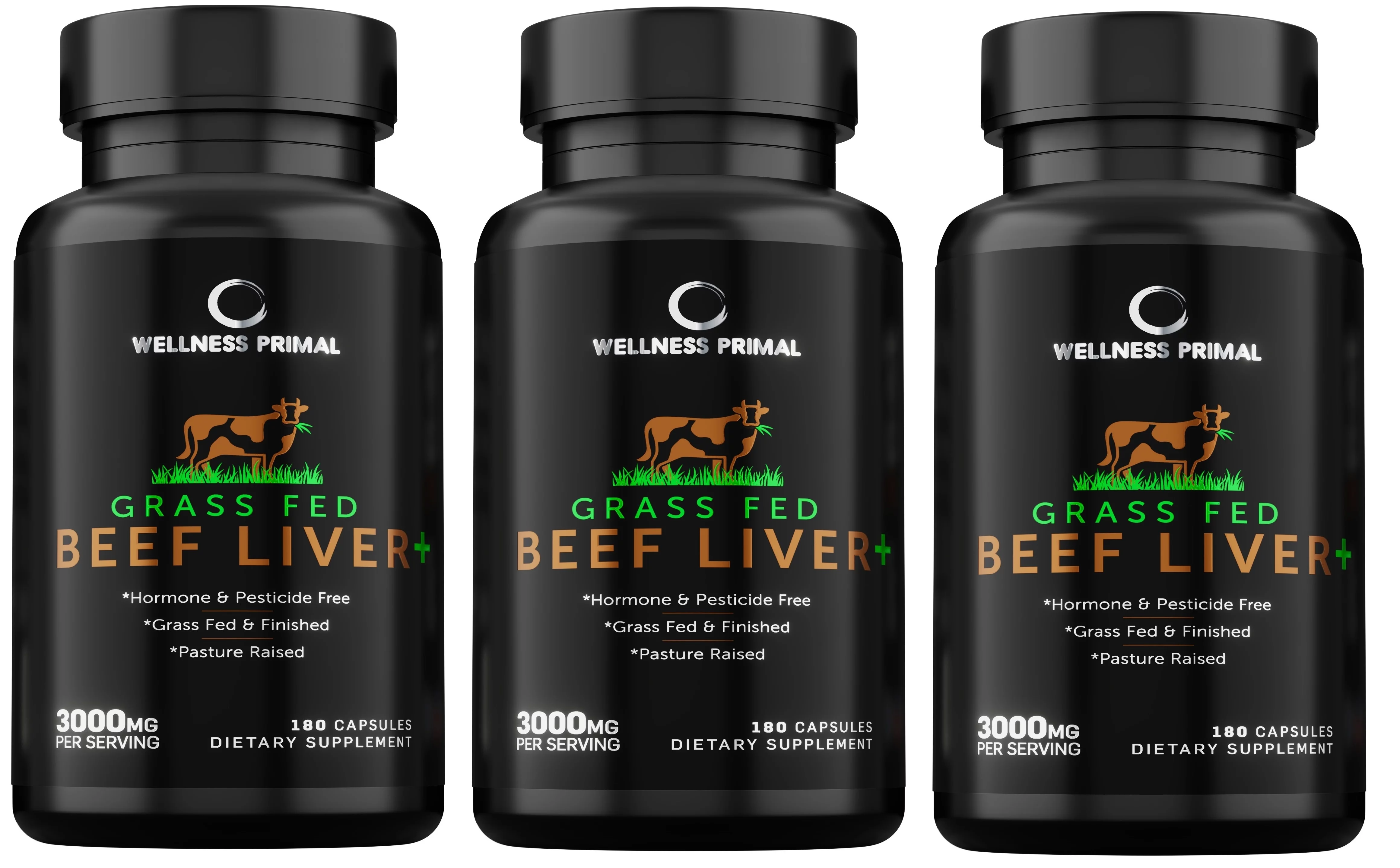 Wellness Primal Beef Liver Plus Supplement (Desiccated) Grass Fed , Argentinian Raised Cattle Natural Iron, Vitamin A, B12 for Energy (180 Capsules) (3 Bottle)