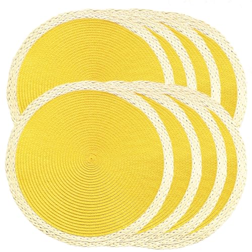 Round Braided Placemats Set of 8 Table Mats 15 Inches Washable Heat Resistant for Dining Table Non-slip Indoor Outdoor Place Mats for Thanksgiving Christmas Easter(Black Thin Edge 8)