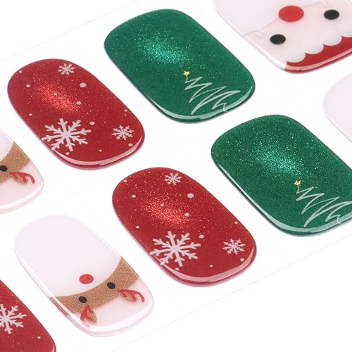 DANNI & TONI Semi Cured Gel Nail Strips Christmas Santa Claus Snowflakes Cat Eye Gel Nail Wraps 28 Stickers | Mistletoe Meow