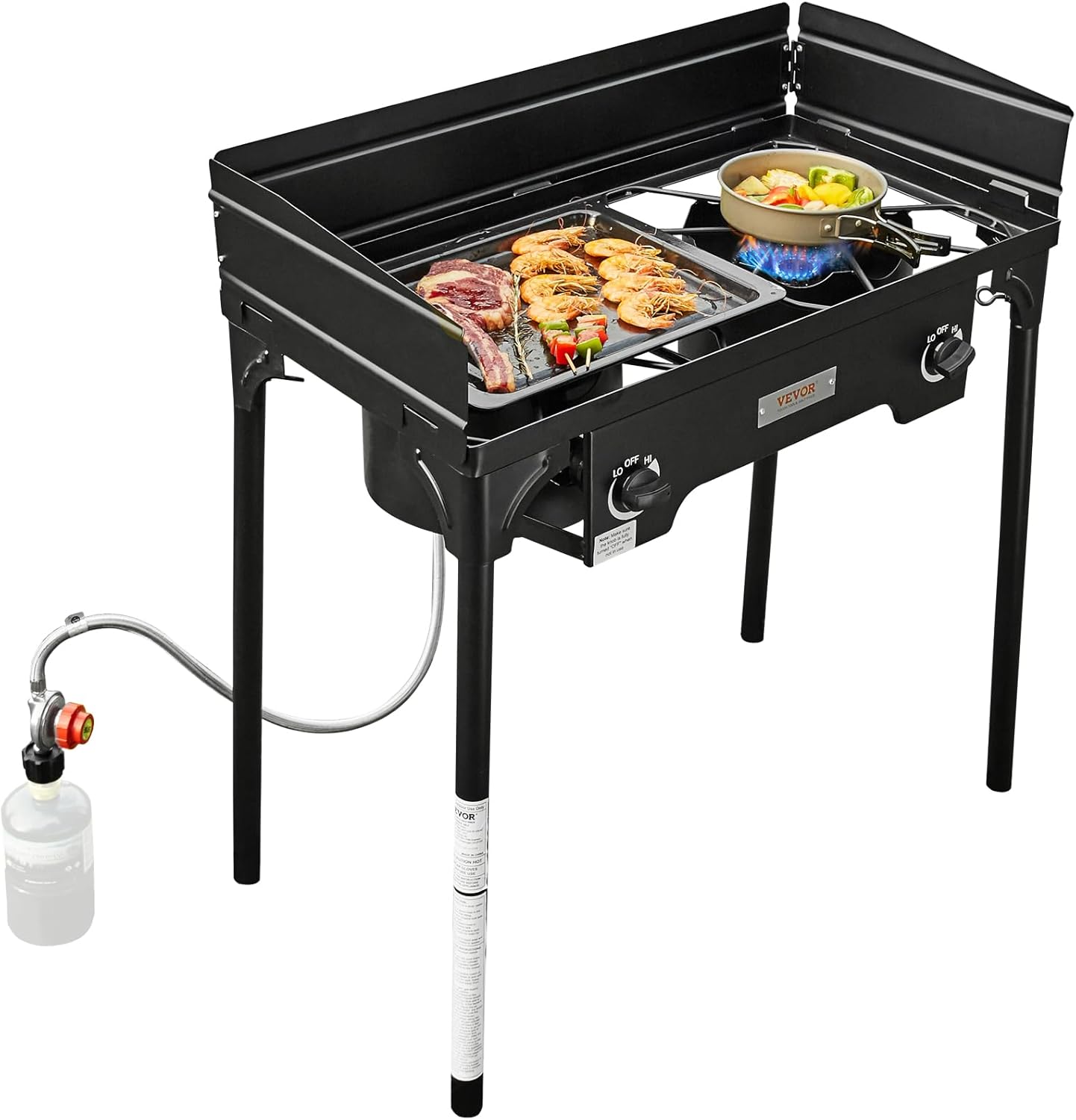 VEVOR Outdoor Propane Burner, 2 Burner Propane Stove with Windscreen, Heavy Duty Gas Cooker w/Detachable Legs Stand & Adjustable PSI Regulator, Propane Burners for Outdoor Cooking