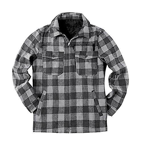 Mens Long Sleeve Sherpa Lined Flannel Shirt Jackets Thermal Quilted Lined Button Down Plaid Coats with Pockets