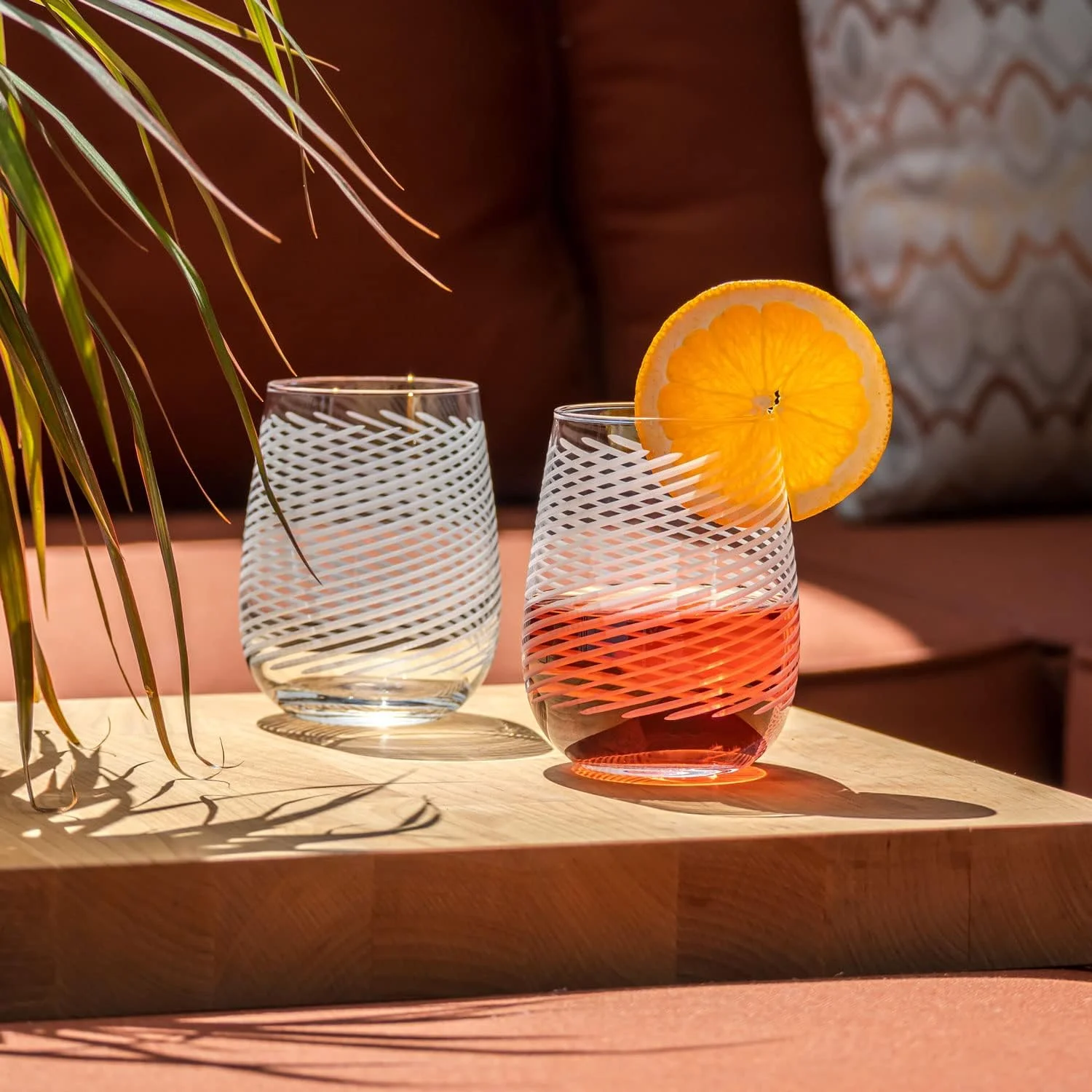 Cyclone Stemless Wine 17 Ounce - Stemless Wine Glasses Set Of 4 – Lead-Free Glass - Etched Glasses - Made In The