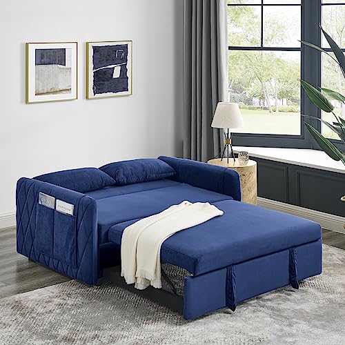 Pull Out Sofa Bed, Velvet Sleeper Sofa Loveseat Sofa Bed, Futon Sofa Bed Lounge Sofa with Reclining Backrest, Toss Pillows, Pockets, Convertible Sleeper Sofa Bed-Black