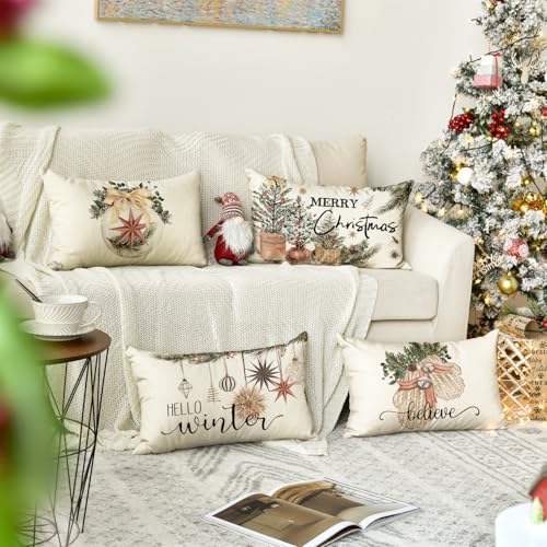 AVOIN colorlife Merry Christmas Balls Eucalyptus Holly Berries Gloves Throw Pillow Covers, 18 x 18 Inch Xmas Winter Holiday Red Stripes Cushion Case Decoration for Sofa Couch Set of 4