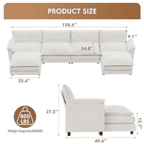YESHOMY Sectional Modular Sofa U Shaped Chenille Fabric Couch with High Supportive & Soft Sponges and Removable Ottoman, Sleeper Comfy Upholstered Furniture for Living Room, Grey