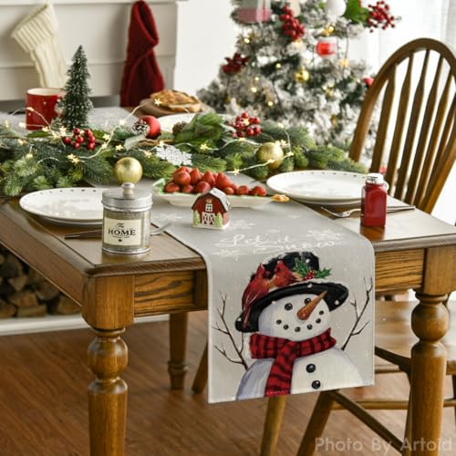 Artoid Mode Red Snowman Let It Snow Winter Table Runner, Seasonal Christmas Kitchen Dining Table Decoration for Home Party Indoor 13x72 Inch