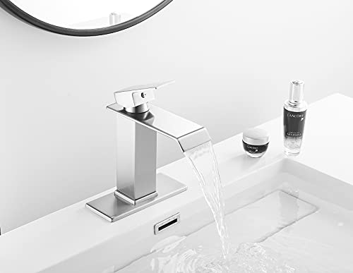 White Gold Faucet Bathroom Vessel Sink Golden Waterfall Spout Faucet Single Handle Bowl Sink Faucet Modern Single Hole Basin Vanity Tall Bathroom Sink Faucet with Pop Up Drain Stopper Supply Hose