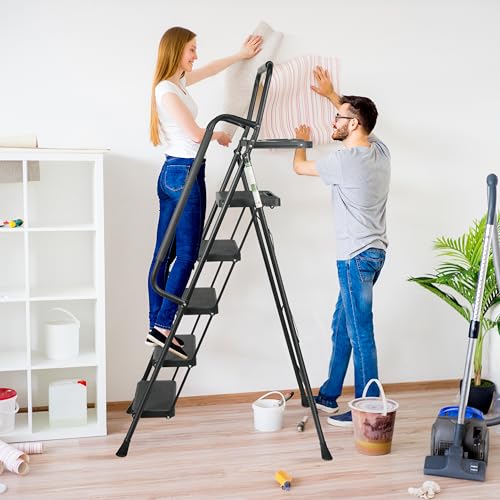 3 Step Ladder, Protable Steel Folding Stool with Wide Anti-Slip Pedal, 500lbs Sturdy Steel Ladder, Black