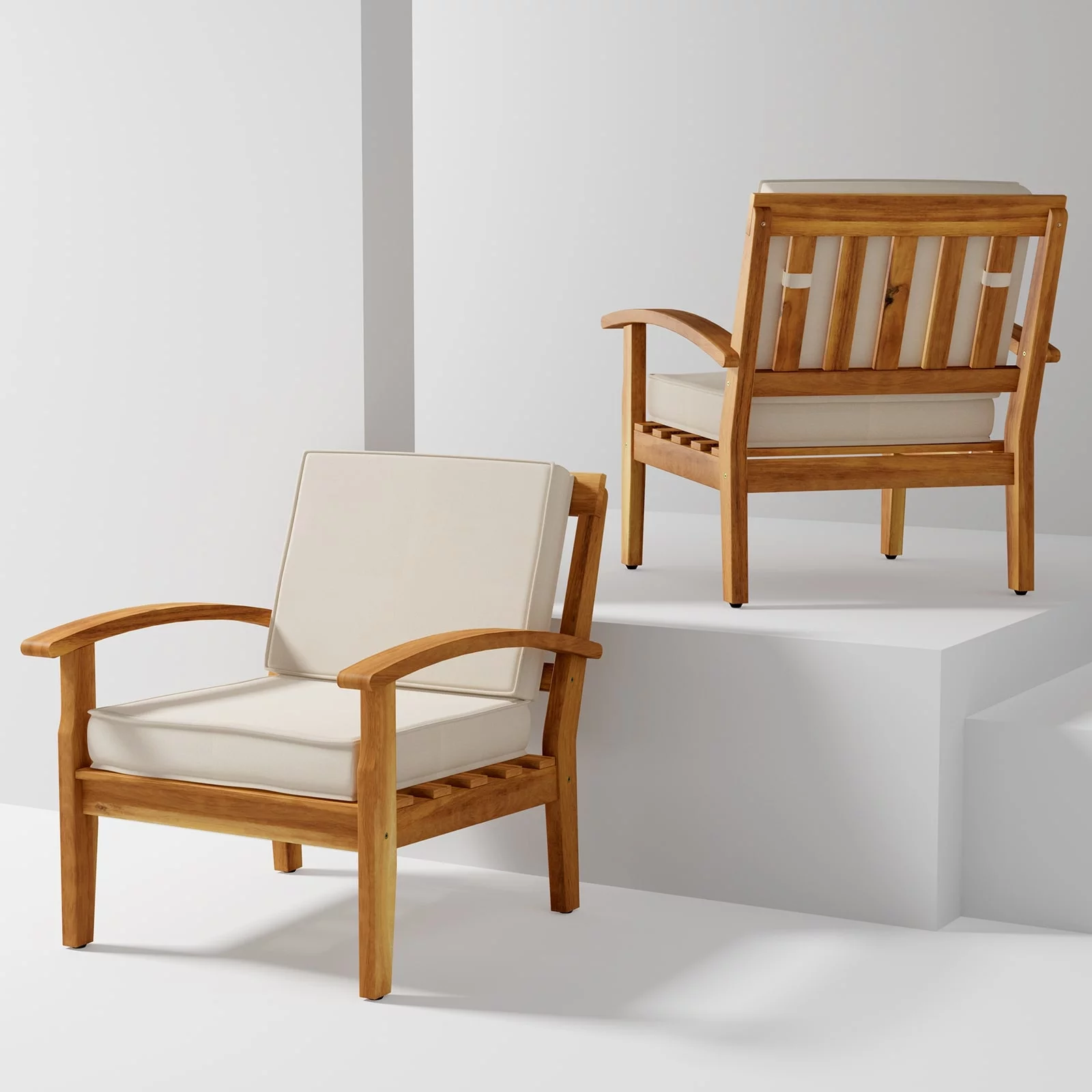 AILE Premium Acacia Patio Wood Club Chairs Set of 2, Teak Finish Furniture Sets with Thick Cushion