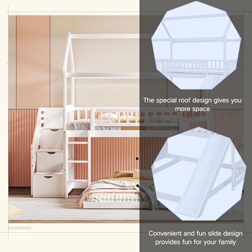 Twin Over Full House Bunk Bed with Stairs and Slide, Modern Bunk Bed Frame with Full-Length & Guard Rail, No Box Spring Needed, Gray