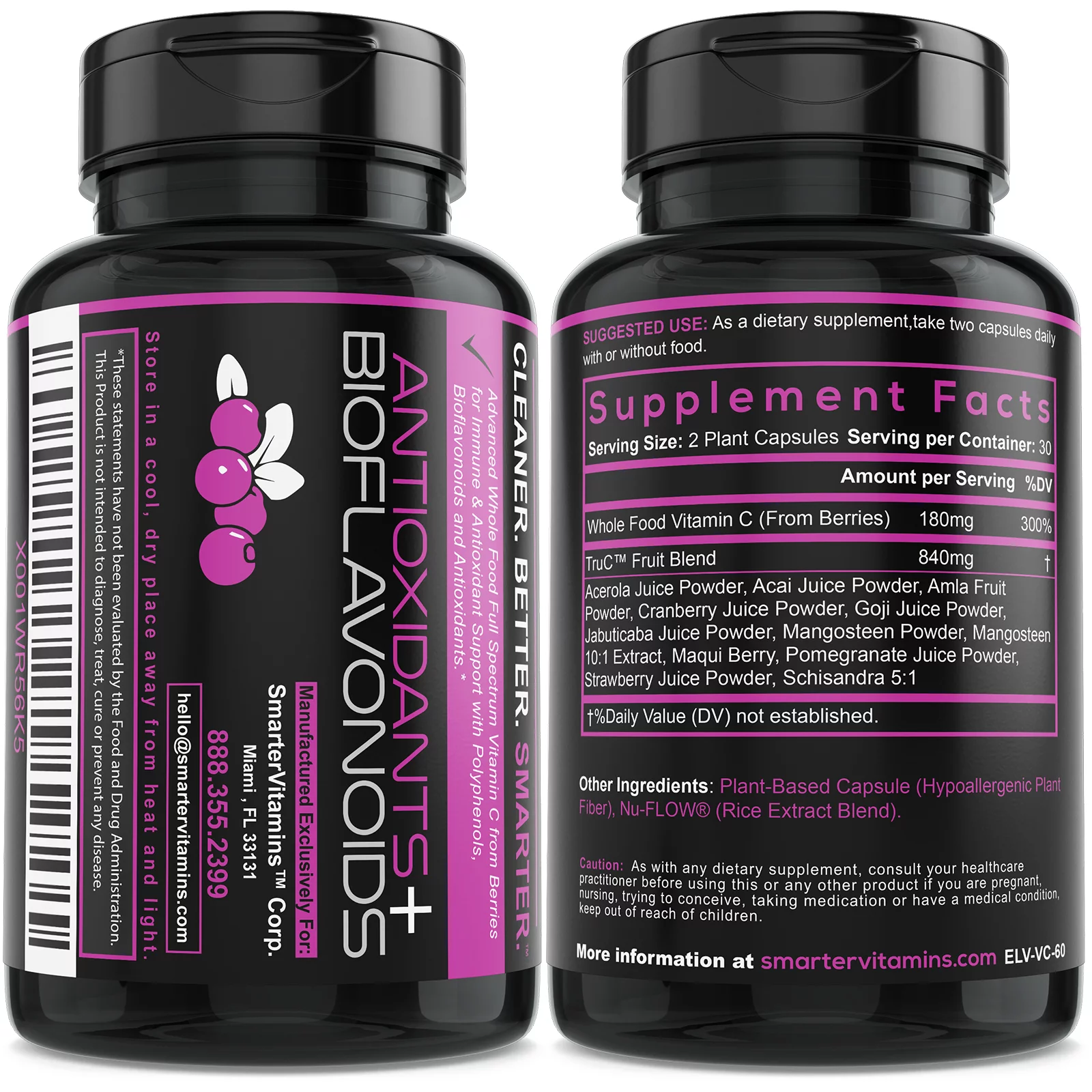 SmarterVitamins Raw Whole Food Vitamin C - 100% Natural from Berries, Premium Antioxidants, Bioflavonoids & Polyphenols, Vegan, Real Immune Support, 60 Vegan Capsules