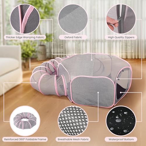 X-ZONE PET Outdoor Cat Enclosure, Portable Catio Playground, Enclosed Tent Playpen Tunnel for Indoor Cats & Small Animals, with Bag Storage 45 Inch Pink
