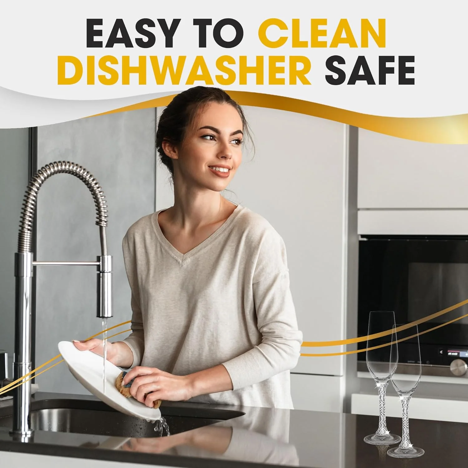 Premium Champagne Flutes - Crystal Champagne Glasses With Silver Rhinestone Embellished Stem - 8Oz Each (Set Of 6)