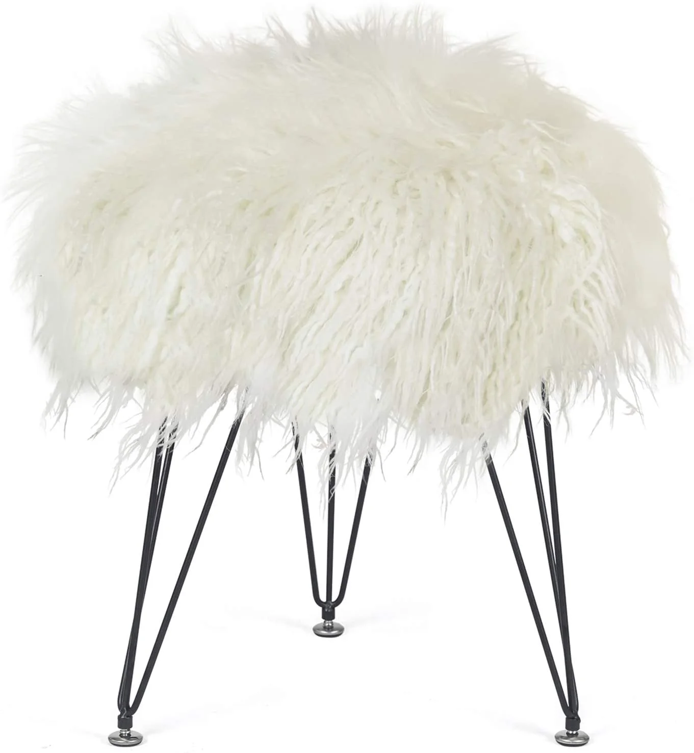 Homebeez Faux Fur Ottoman Footrest Vanity Stool with Metal Legs White