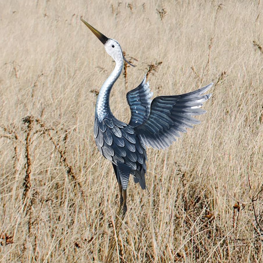 33 Inch Crane Statue for Garden Decorations, Garden Sculpture & Statue, Metal Heron Statue Yard Art, Outdoor Decor for Patio, Pond, and Backyard, Blue