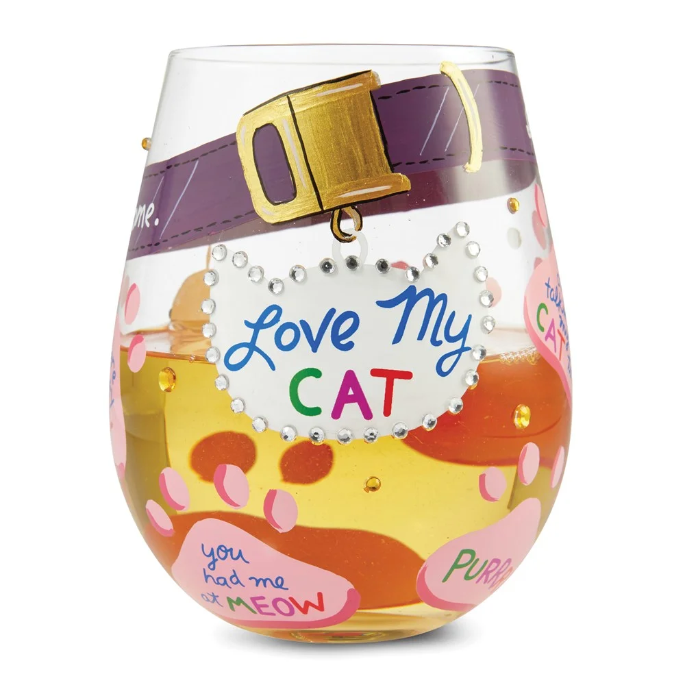 Lolita Hand-painted Love My Cat Stemless Wine Glass QGM23444