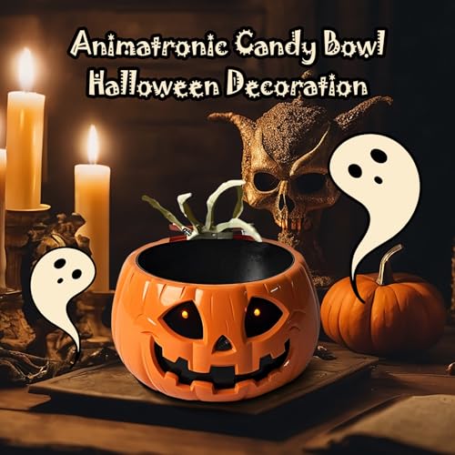 Animated Halloween Candy Bowl Decorations Halloween Candy Bowl with Creepy Moving Skull Hand/Glowing Red Eyes/Sound for Trick-or-Treaters Party Candy Holder for Halloween Party Decor
