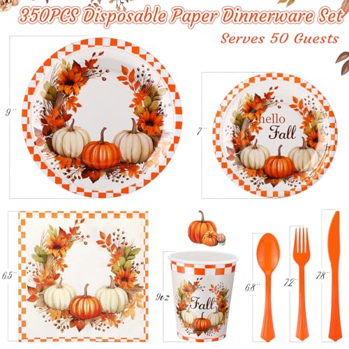 Sliner 350 Pcs Fall Paper Plates and Napkins Sets Party Supplies Thanksgiving Disposable Tableware Set 100 Autumn Paper Plates 50 Fall Cups 50 Napkins 50 Sets of Knife Fork Spoon, Serve 50 Guests