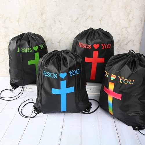 VZZNN 30 Pcs Jesus Loves You Drawstring Backpack Bulk Christian Gift Bags Church Supplies String Backpack Cinch Bag Jesus Stuff(Black)