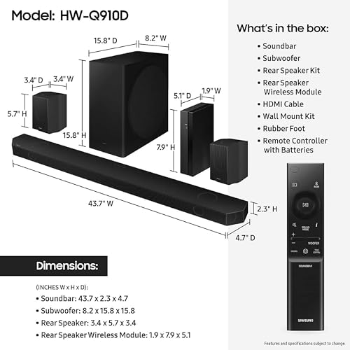SAMSUNG Q990D 11.1.4ch Soundbar w/Wireless Dolby Atmos Audio, Rear Speaker Included, Q-Symphony, SpaceFit Sound Pro, Adaptive Sound, Game Mode Pro with Alexa Built-in, HW-Q990D/ZA