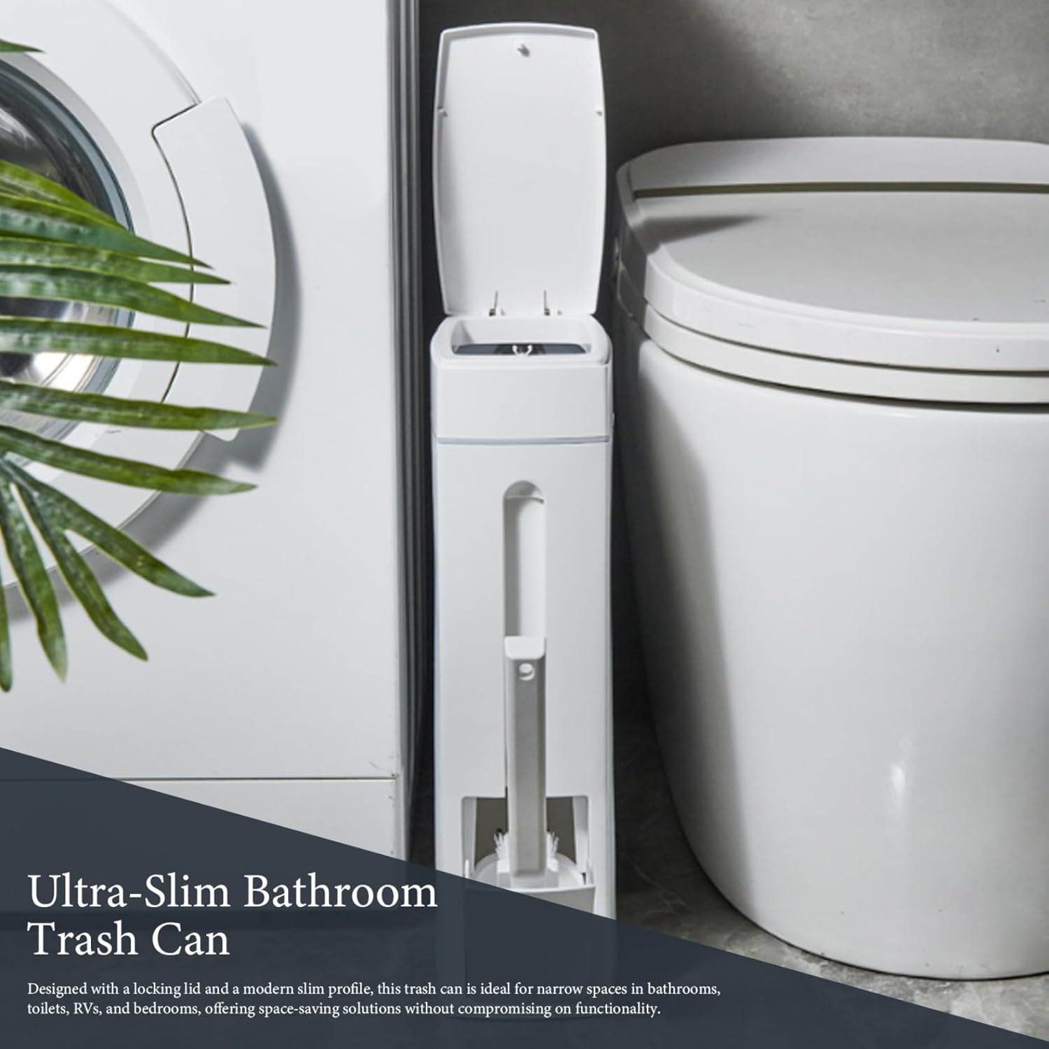 Bathroom Trash Can Set 16.5x8x4.3in 1.2-Gallon Slim Bathroom Bin with Toilet Brush Holder Press-Opening White Rectangular Toilet Trash Can Slim Trash Can with Lid Rubbish Bin Waste Paper Bin