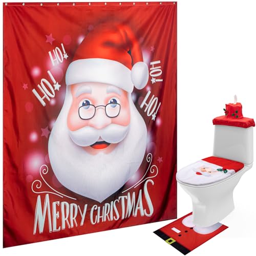 Tatuo 4 Pieces Christmas Bathroom Set Santa Shower Curtains and Toilet Seat Cover Set, Santa on The Toilet Ornament for Christmas Home Decorations Bathroom Decor