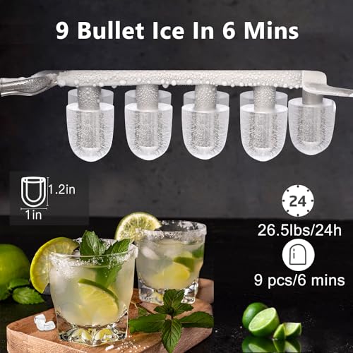 Joy Pebble Bullet Ice Maker Countertop with Handle, 9 Bullet Ice Cubes Ready in 6 Mins, 26.5Lbs/24H, Self-Cleaning Portable Ice Machine with Basket and Scoop, for Home/Kitchen/Camping/RV