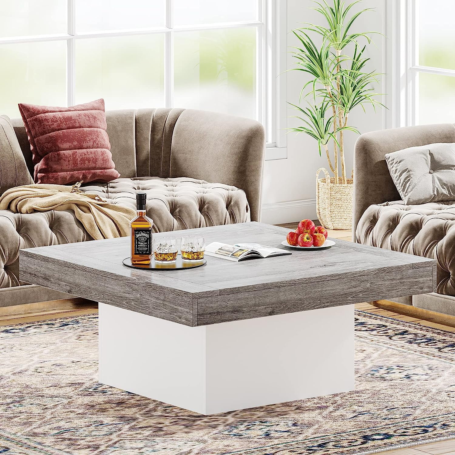 Tribesigns Square LED Coffee Table Grey and White Coffee Table Engineered Wood Coffee Table for Living Room Rustic Gray & White Low Coffee Table