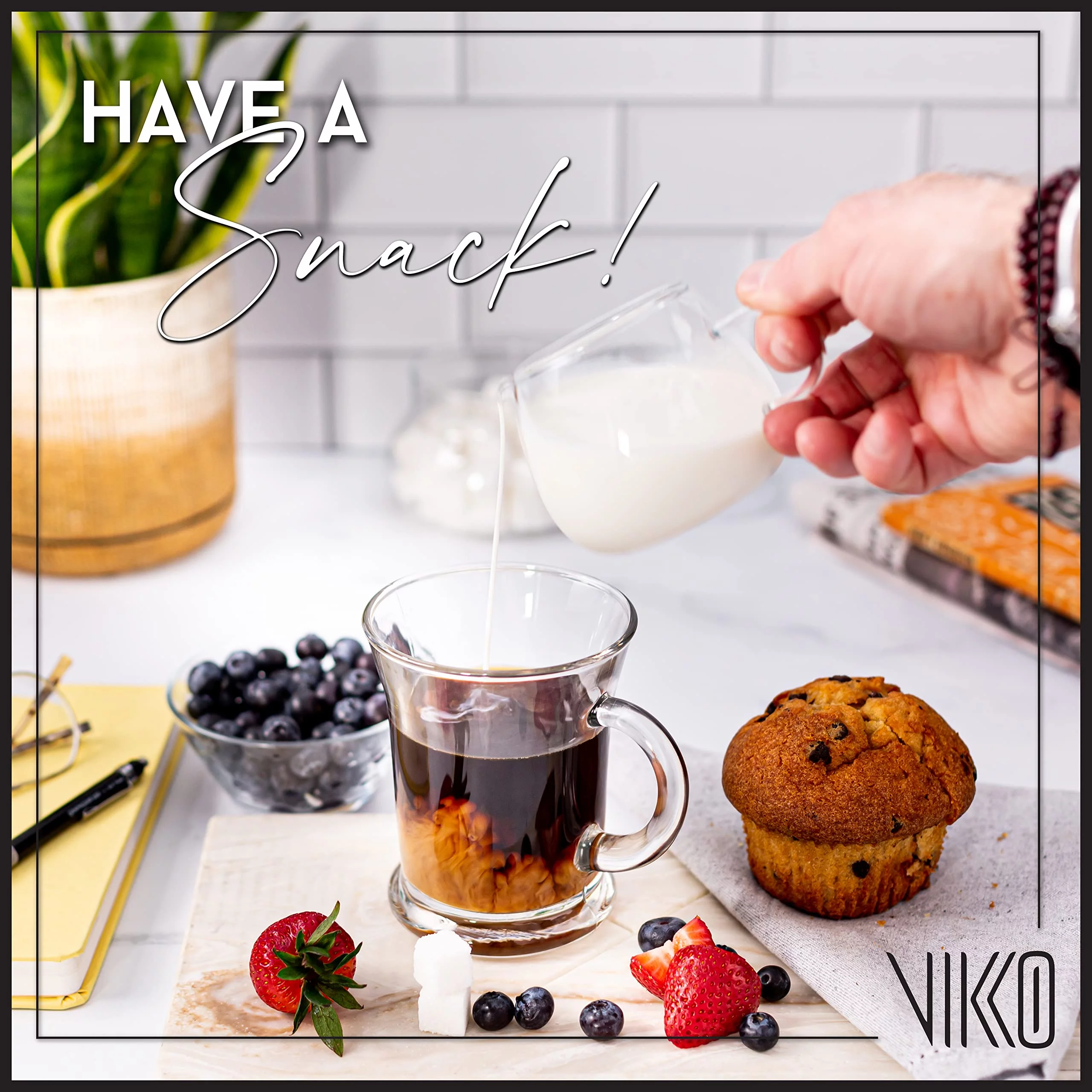Vikko 13 Ounce Clear Glass Coffee Mugs | Aroma Collection Thick and Durable Wide, Heavy Base Dishwasher Safe Set of Six Large Glass Coffee Cups
