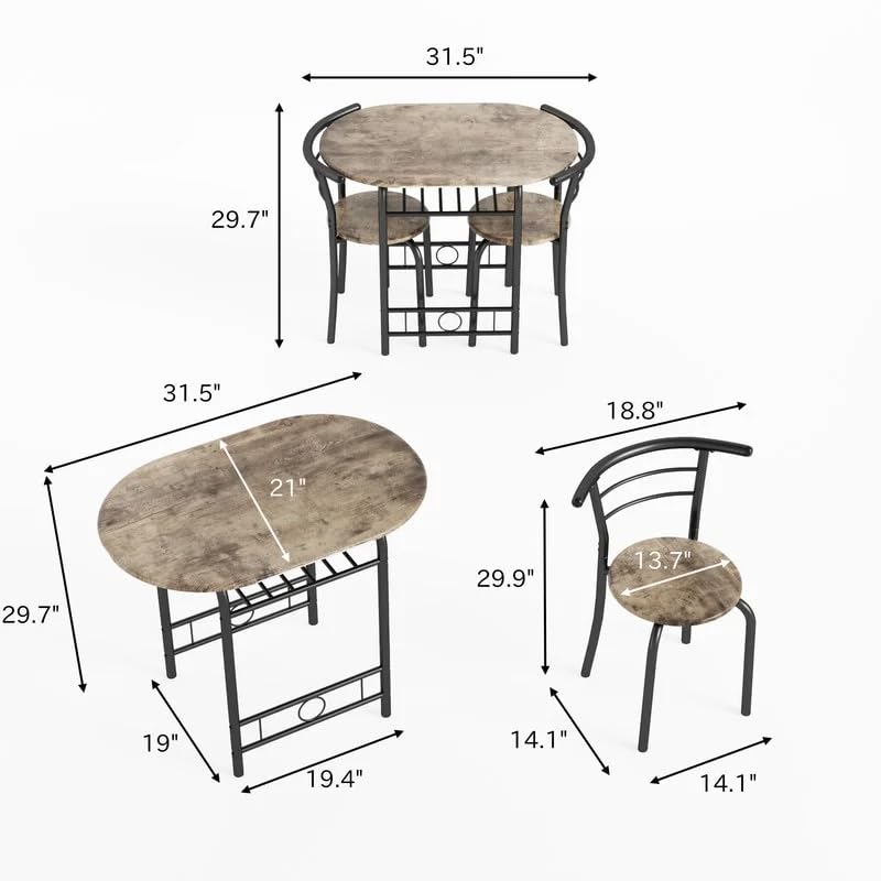 Shahoo 3-Piece Wooden Dining Table Set, Kitchen Breakfast Nook Sets with 2 Chairs & Round Tabletop, Space Saving Furniture Metal Frame and Built-in Wine Rack, Walnut