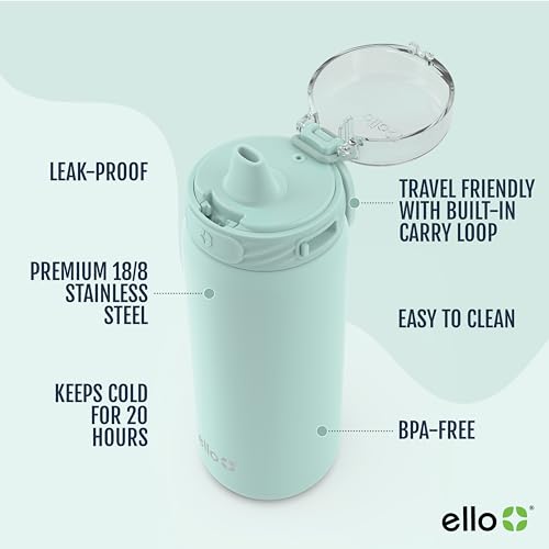 Ello Cooper 32oz Stainless Steel Water Bottle with Straw and Carry Handle, Double Walled and Vacuum Insulated Metal, Leak Proof Locking Lid with Soft Silicone Spout, Reusable, BPA Free, Yucca