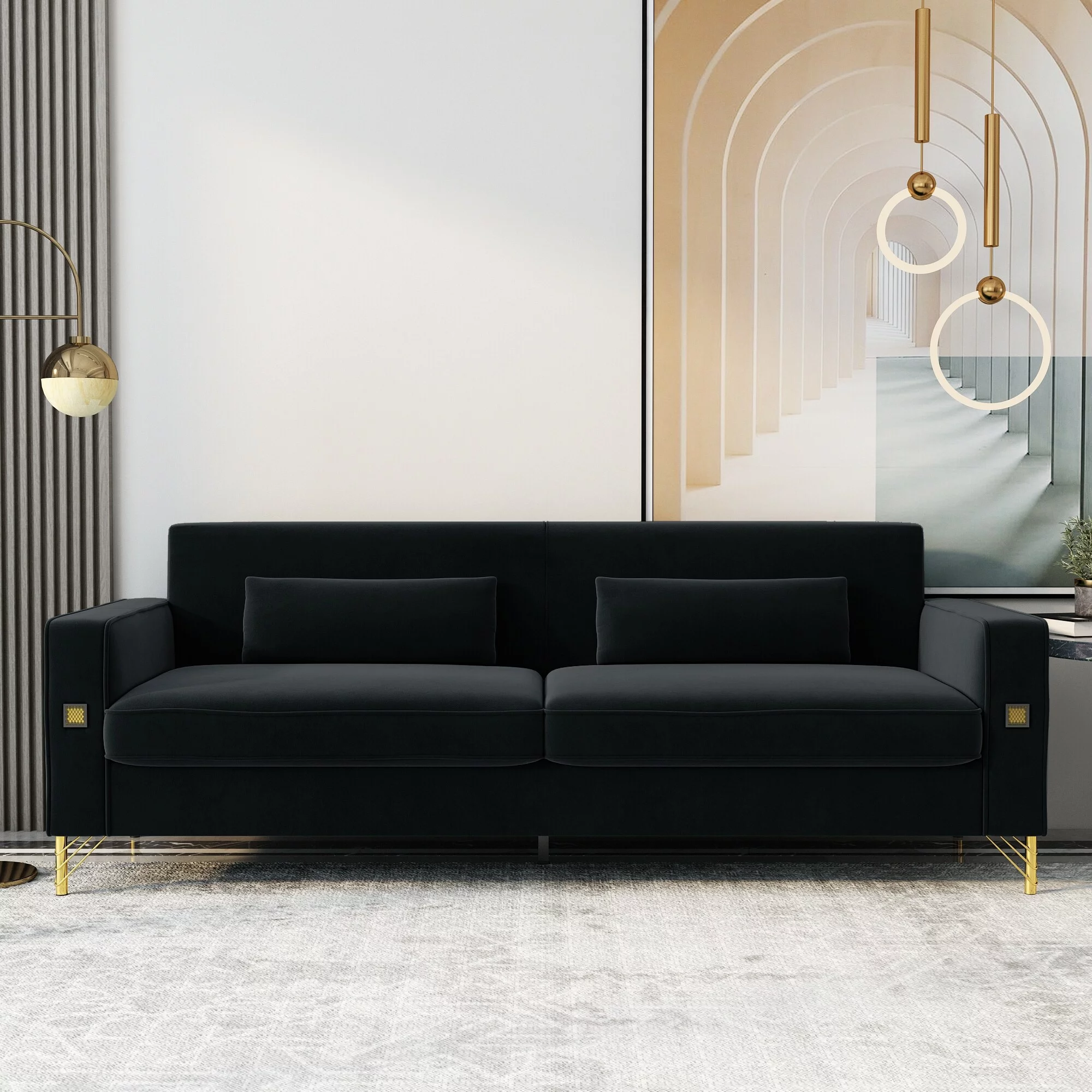 Modern Velvet Upholstery Loveseat with Cushions and Metal Legs Black